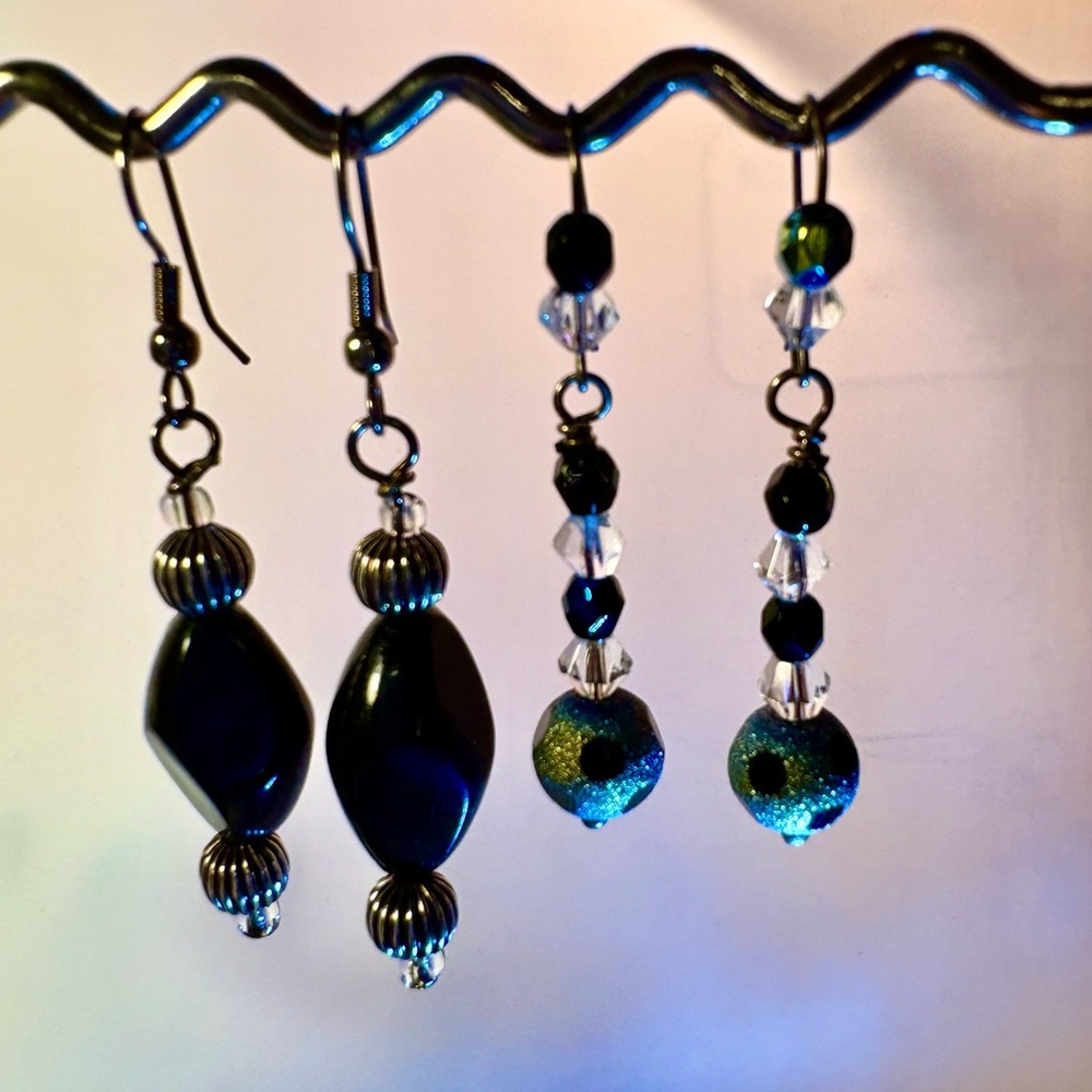 Earrings Pierced Handcrafted Unique Faceted Black Bead w/Silver&Aqua/Purple-Dots